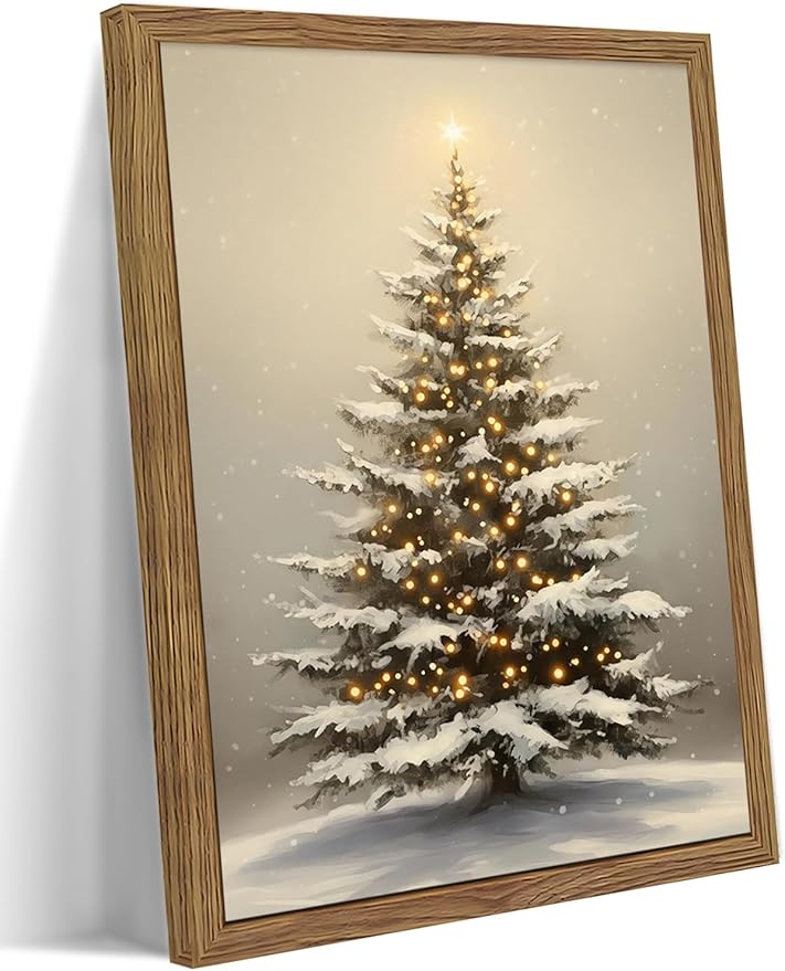 Vintage Christmas Pictures Wall Decor, Framed Christmas Tree Wall Art, Rustic Winter Holiday Pine Tree Print, Snowscape Botanical Canvas Artwork for Living Room Bedroom – 12x16in