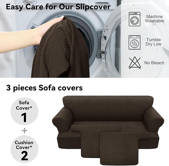 Waterproof Couch Cover 3-Piece Set Striped Sofa Slipcovers for 2 Separate T Cushion Couch - TPU Fabric Sofa Covers Leakproof Couch Protector for Kids, Pets(2 Cushion Sofa, Brown)