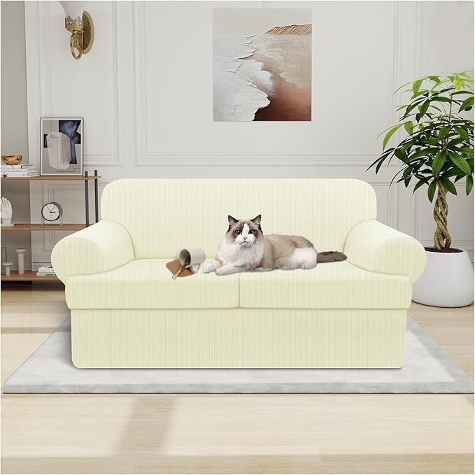 Waterproof Loveseat Cover 3-Piece Set Striped Slipcover for 2 Separate T Cushion Couch - TPU Fabric 2-Seater Sofa Covers Leakproof Couch Protector for Kids, Pets(Loveseat, Beige)