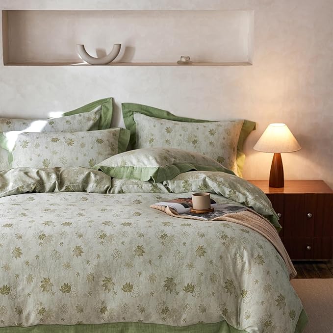 mixinni Yarn-Dyed Jacquard Duvet Cover Queen, Green Botanical Leaf Print 3-Piece Bedding Set with Wide Edge Piping, Soft Breathable Double Layer Gauze for All Seasons (1 Duvet Cover + 2 Pillowcases)