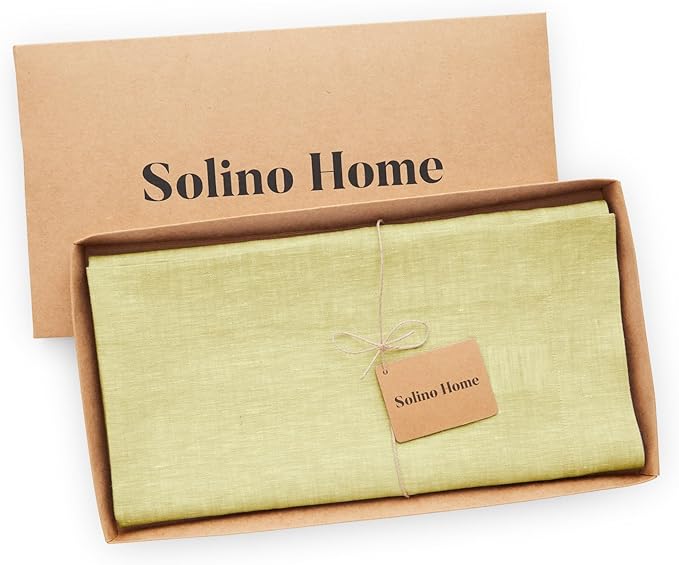 Solino Home Linen Tablecloth 52 x 52 Inch - 100% Pure Linen Square Table Throw - Athena, Machine Washable Chambray Yellow Tablecloth