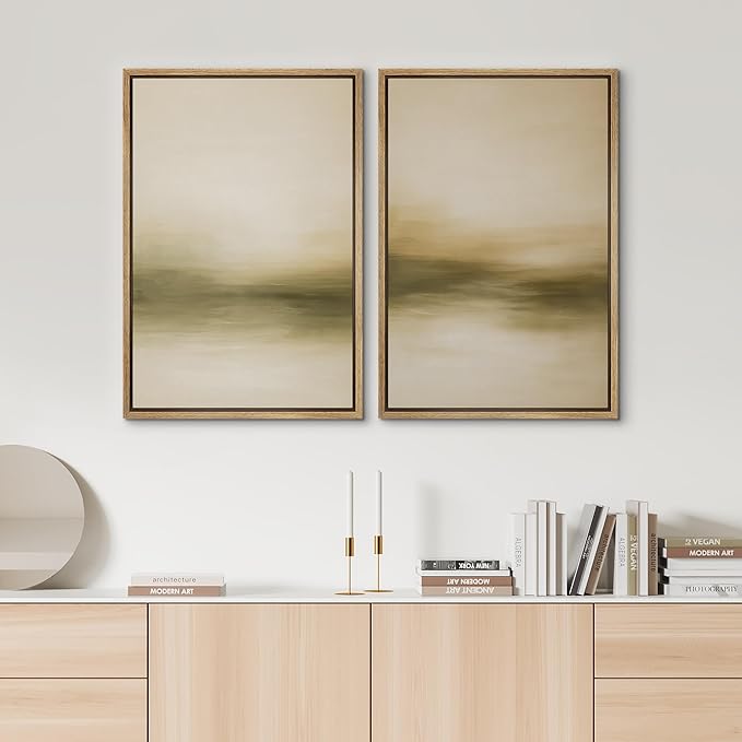 SIGNWIN Framed Canvas Print Wall Art Set Golden Horizon Mist Neutral Beige and Olive Gradient Abstract Landscape Zen Bohemian for Living Room, Bedroom, Office - 24"x36"x2 NATURAL