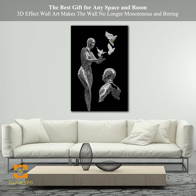 HIPOCAPO 3D Metal Effect Wall Art - 3D Metal Canvas Art, 3D Metal Canvas Art Decor for Modern Living Room, Framed Romantic Couple Put Pigeons pictures for bedroom wall decor 28''x40''x1Pcs