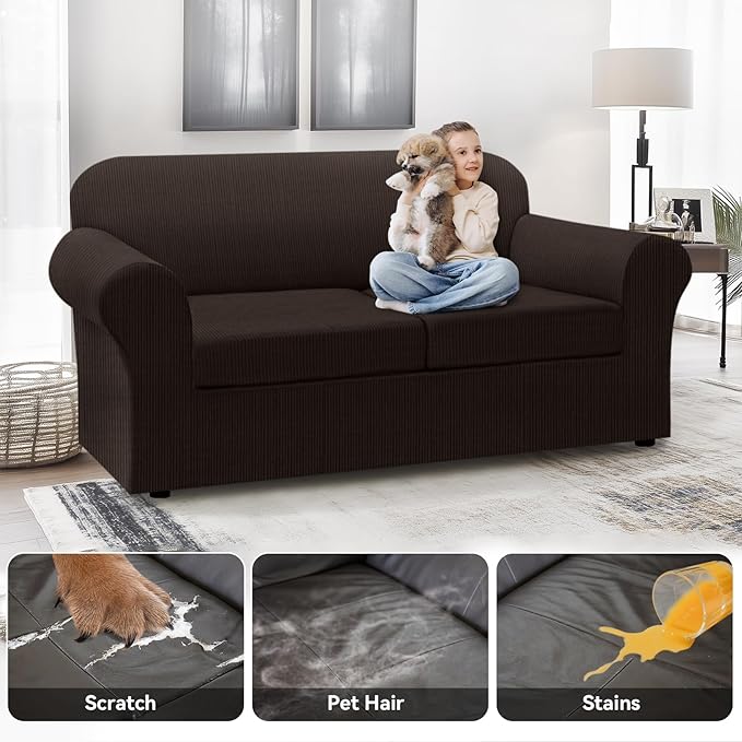 100% WaterproofCouch Cover 3-Piece Set Striped Sofa Slipcovers for 2 Cushion Couch Sofa Covers with TPU Leakproof Bottom Stretch Couch Protector Pet Proof - Sofa(2-Cushion), Coffee