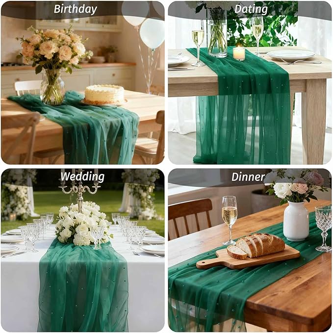 WELTRXE Pearl Table Runner 30 x 120 Inch 10 FT Long, Green Gauze Table Runners, Rustic Boho for Wedding Arch Birthday Party Bridal Veil Baby Shower Decorations