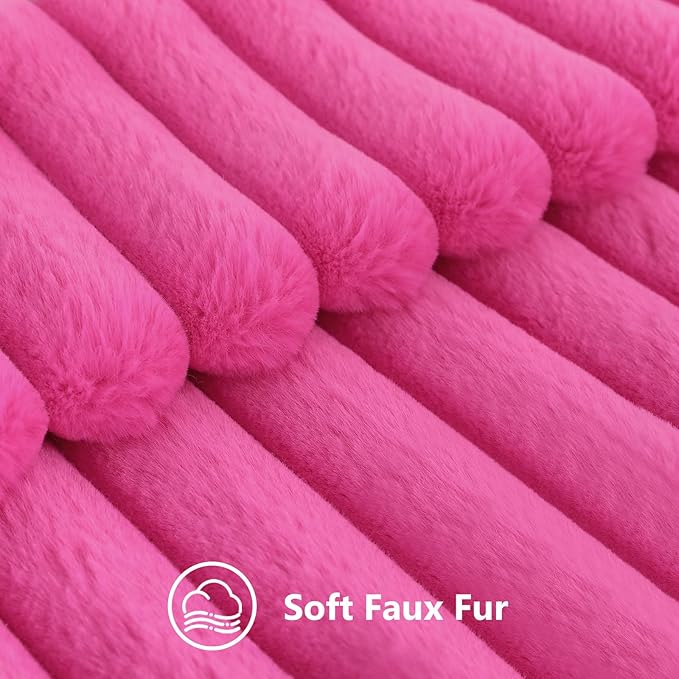 decorUhome Faux Fur Christmas Throw Pillow Covers 16x16 Set of 2, Decorative Soft Plush Striped Neutral Couch Euro Pillow Covers with Velvet Back for Sofa, Bed, Living Room Home Decor, Hot Pink