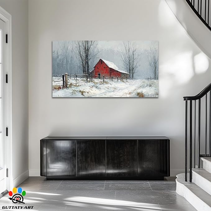 GUTTATY Christmas Winter Scene Canvas Wall Art, Rustic Red Barn Pictures, Snowy Landscape Wall Print, Country Farmhouse Canvas Painting, Festive Hanging Artwork for Living Room Decor, 60x30 Inch