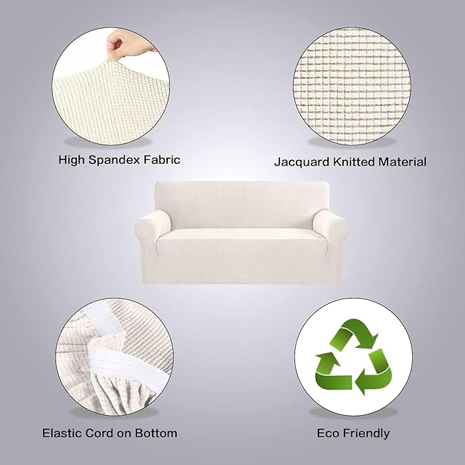H.VERSAILTEX Stretch Sofa Covers for 3 Cushion Couch Covers Sofa Slipcovers for Living Room Feature Thick Checked Jacquard Fabric with Elastic Bottom, Sofa Large - Ivory