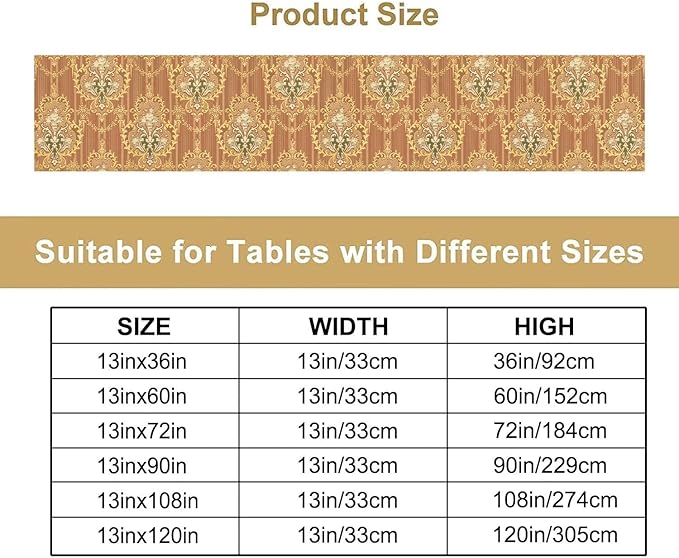 Damask Table Runner, Floral Victorian Antique Motifs Pattern Inspired Tile Table Runner for Kitchen Dining Weddings Party Decor 13x36in