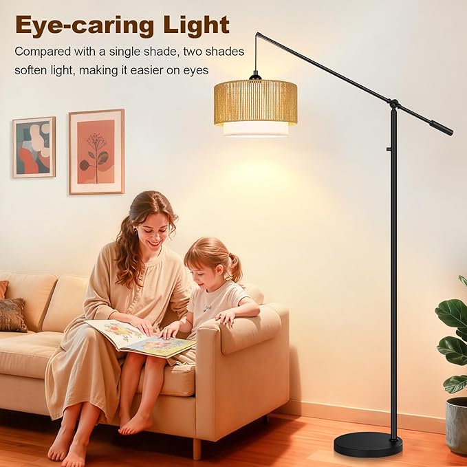 【Upgraded】Arc Floor Lamp for Living Room, Boho Dimmable Swing Arm Floor Lamp with Rattan & Fabric Shades, Black Rattan Standing Lamp with 11W Bulb, Farmhouse Adjustable Tall Lamp for Bedroom Office
