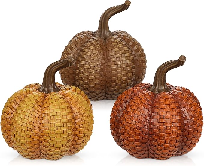 Hollyone Fall Pumpkins Decor, 3PCS Rattan Resin Pumpkins for Decorating Figurines Decorative Pumpkin for Home Autumn Harvest Thanksgiving Halloween Party Wedding Table Centerpiece Indoor Decor
