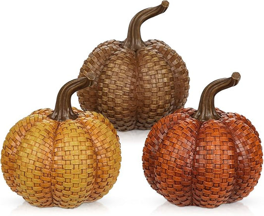 Hollyone Fall Pumpkins Decor, 3PCS Rattan Resin Pumpkins for Decorating Figurines Decorative Pumpkin for Home Autumn Harvest Thanksgiving Halloween Party Wedding Table Centerpiece Indoor Decor