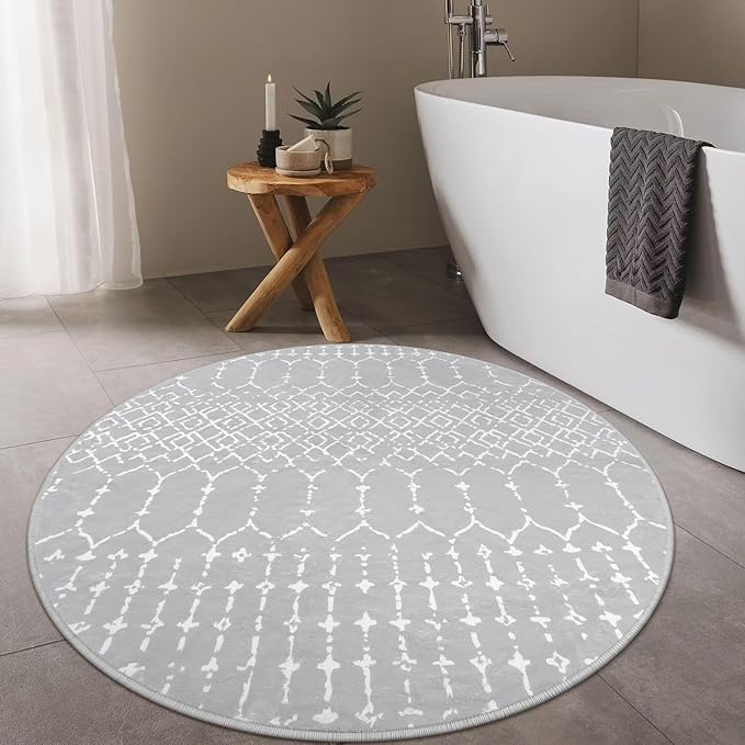 Lahome Moroccan Round Washable Rug - 3Ft Small Circle Soft Non-Slip Grey Bathroom Rug, Stain Resistant Low Pile Entryway, Modern Geometric Print Indoor for Kitchen Sofa Doorway