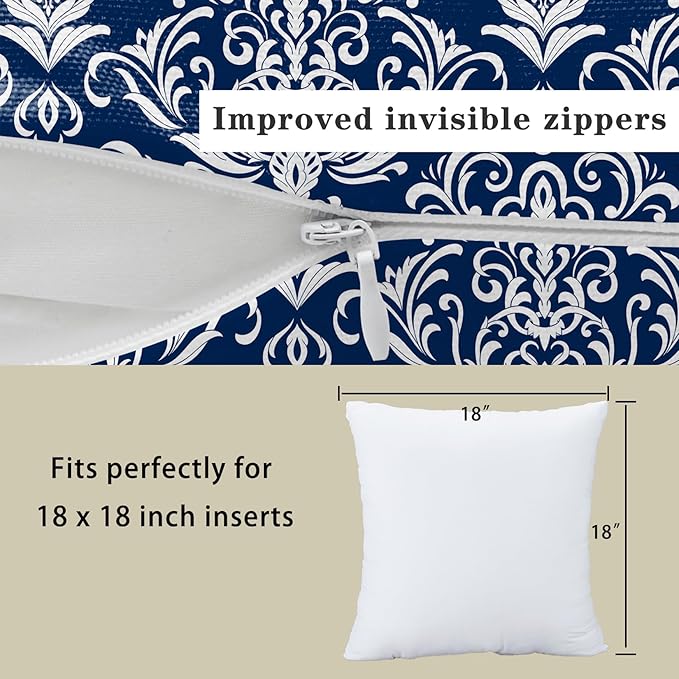 LOVOUS Navy Blue and White Damask Throw Pillow Covers 18x18 Inch Set of 2, Vintage Linen Decorative Pillow Covers for Bed Couch Sofa Bedroom Living Room Home Decor, B12