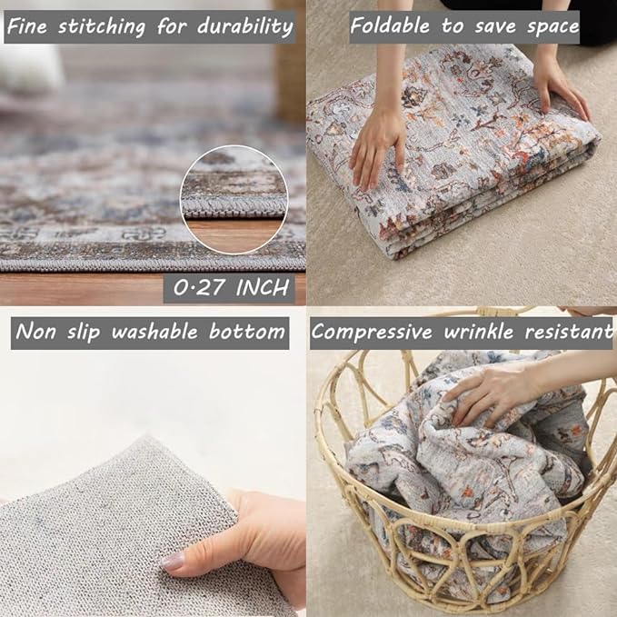 Area Rug 2x3 Washable Rug Door Mat Vintage Distressed Doormat Indoor Entrance Traditional Thin Rug Floral Print Non Slip Carpet for Kitchen Bathroom Bedroom Living Room