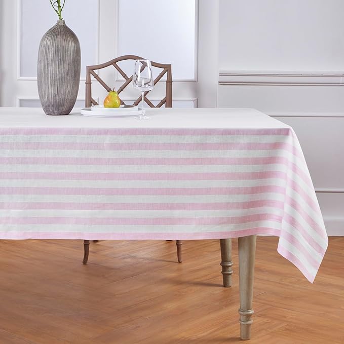 Solino Home Linen Tablecloth 60 x 90 Inch - Sorrento Stripe 100% Pure Linen Pink and White Table Cloth for Rectangle Tables - Machine Washable Tablecloth