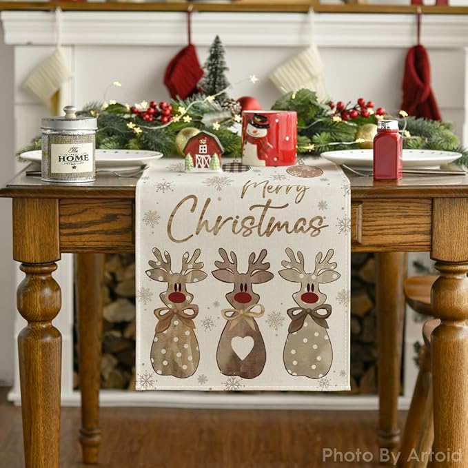 Artoid Mode Deer Snowflakes 210 GSM Merry Christmas Table Runner, Seasonal Winter Kitchen Dining Table Decoration for Home Party Decor 13x90 Inch