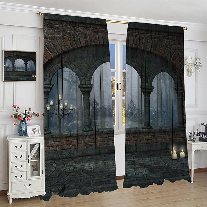 Gothic Mid Century Blackout Curtains, Vintage Medieval Night Old Arch Candles Window Drapes, for Living Room Bedroom 21(W)*63(L) 2 Panels