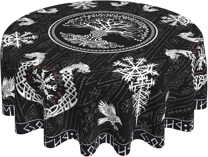 Norse Viking Tablecloth, Nordic Mythology Tree of Life Crow Ancient Mythical Viking Raven Print Water Resisitant Table Cover for Dining Kitchen Living Room Home Party Holiday Decor 70 inch Round