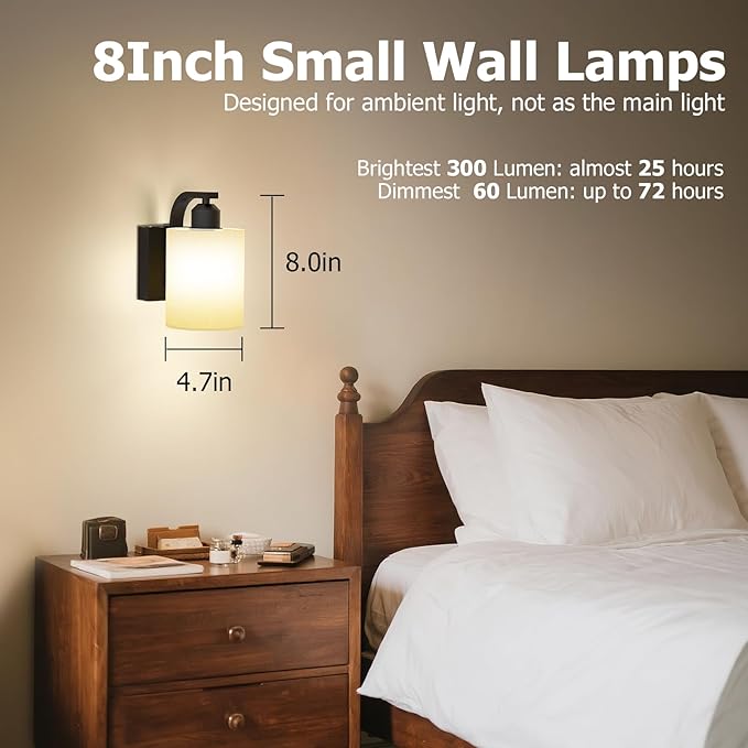 Wall Sconce Battery Operated Set of 2, 6000mAh Rechargeable Wall Lights with Touch Control and Remote Control, Wireless Wall Lamps for Bedroom, Black Sconces Wall Decor for Living Room Hallway