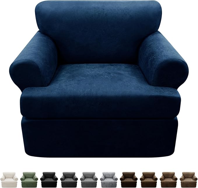 2-Pieces T Cushion Armchair Slipcovers Leather Look Couch Cover Chair Covers Stretch Furniture Protector Sofa Cover with 1 Individual T Cushion Seat Cover Slipcover Sets Washable, Navy