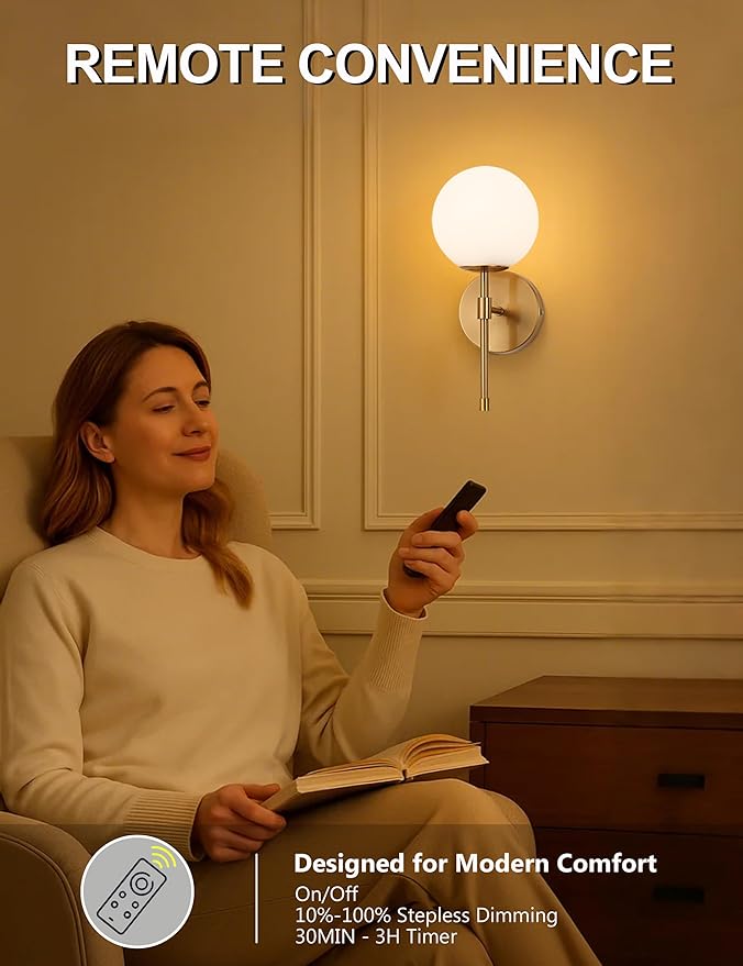 Battery Operated Globe Wall Sconces Set of 2, Brushed Gold Wireless Wall Lights with Remote Control, Rechargeable 3 Color Stepless Dimming Modern Wall Decor Lamp for Bedroom Living Room Hallway