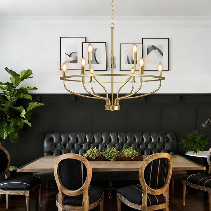 30" Gold Chandelier, 9-Light Modern Farmhouse Chandelier for Dining Room Lighting Fixtures Hanging, Candle Chandelier Light for Living Room, Kitchen Island, Bedroom and Entryway (Bulbs Not Included)