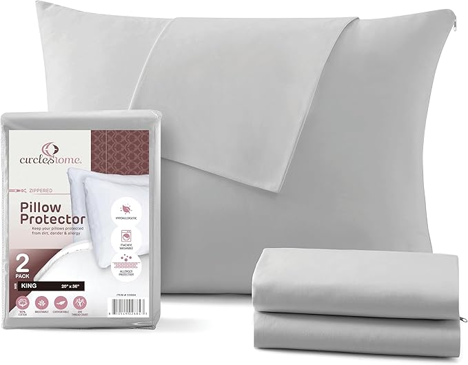 CirclesHome Pillow Protectors 2 Pack King Zippered - 100% Cotton Breathable Pillowcases - Protects Pillows from Dirt, Dust and Debris (King - Set of 2 - 20x36)