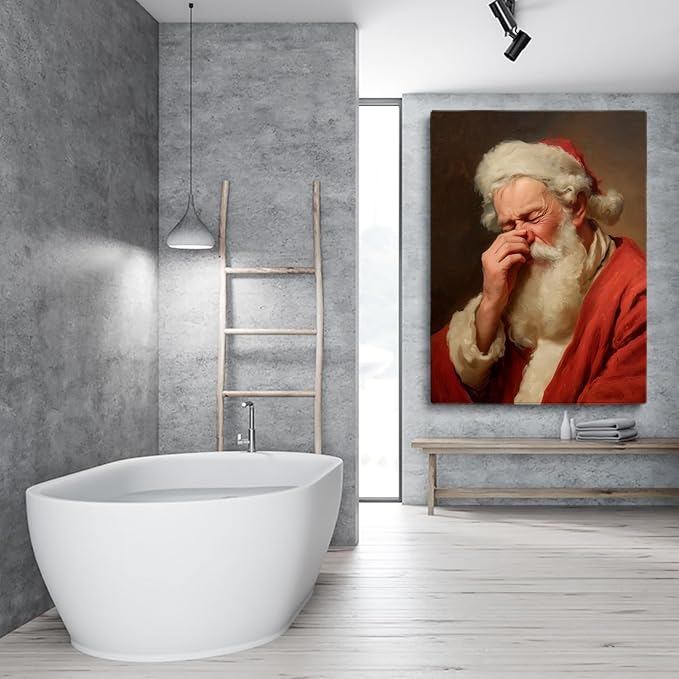 Funny Holiday Bathroom Print,Vintage Santa Plugging Nose Painting,Stinky Bathroom Wall Art,Santa Touching His Nose Prints