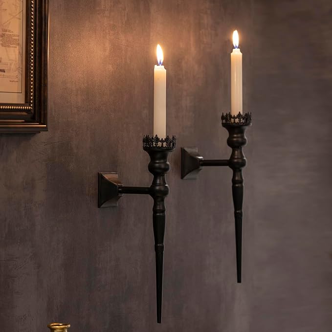 Gothic Wall Sconce Candle Holder for Taper Candles (Set of 2) Black Iron Crown and Scepter Design Victorian Wall Decor for Living Room, Bathroom,Dining Room