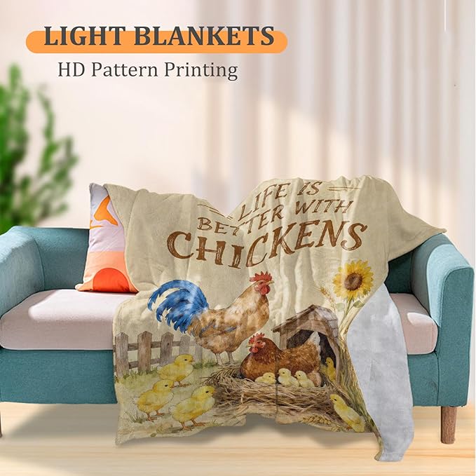 Charming Chicken Blanket, Farmhouse Country Style 60 x 50 Inch Flannel Throw Blanket, Gifts for Women Kids, Lightweight Cozy Warm Blankets for Sofa Travel Home Decor
