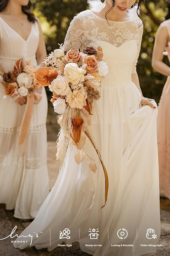 Ling's moment Boho Bridal Bouquet Cascading, Rustic Wedding Bouquets for Bride, 15 Inch Silk Fall Artificial Wedding Flower Bouquet