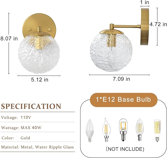 Gold Wall Sconce, Gold Vanity Sconce Lighting, Globe Ripple Glass Wall Light Fixture, Hardwired Wall Sconces for Bathroom Hallway Bedroom Bedside Living Room Stairs Kitchen Loft (E12)