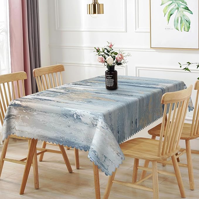 60x102inches Modern Aesthetic Stripe Tablecloth Gray Blue Brown Contemporary Abstract Painting Fabric Table Cloth Waterproof and Stain Resistant Table Cover for Kitchen Dining Room Home Decor
