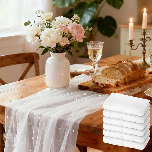 WELTRXE 6PCS Pearl Table Runner 120 Inch 10FT, White Gauze Table Runners, Rustic Boho for Holiday Wedding Decor, Home Party ,Baby Shower, Birthday Party