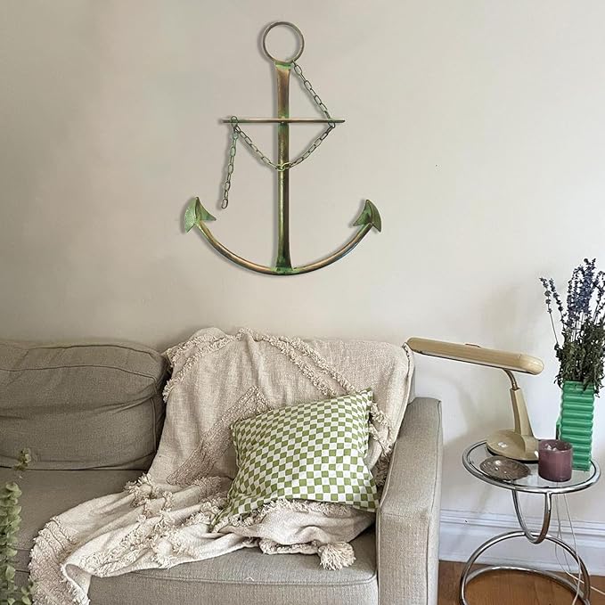 Nautical Anchor Wall Art, Metal Anchor With Chain for Bedroom, Living Room, Dorm, Home - 13" Green