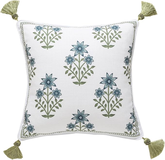 ISAENNE Design Fresh Linen Square Throw Pillow Covers 18"x18", French White Cottage Cushion Covers with Blue Floral Branches Pattern Decor Pillowcases for Bed,Living Room,Outdoor,Car