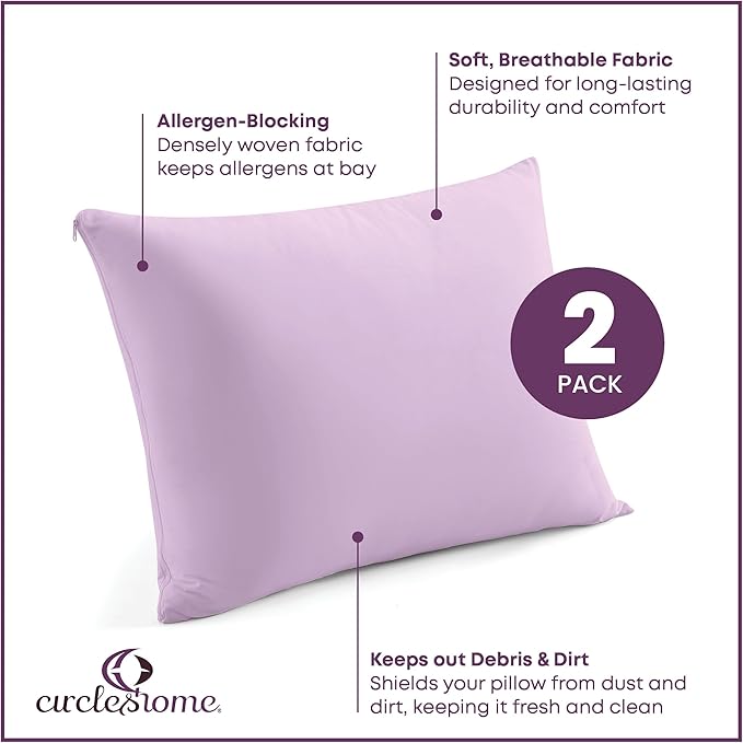 CirclesHome Pillow Protectors 2 Pack Standard Zippered - 100% Cotton Breathable Pillowcases - Protects Pillows from Dirt, Dust and Debris (Standard - Set of 2 - 20x26)