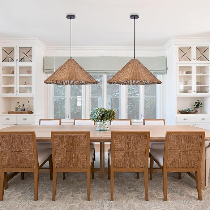 Arturesthome 1 Light Boho Rattan Pendant Light Fixture 23.6" Coastal Retro Woven Ceiling Chandelier Hanging Lamp for Farmhouse Living Dining Room Coffee