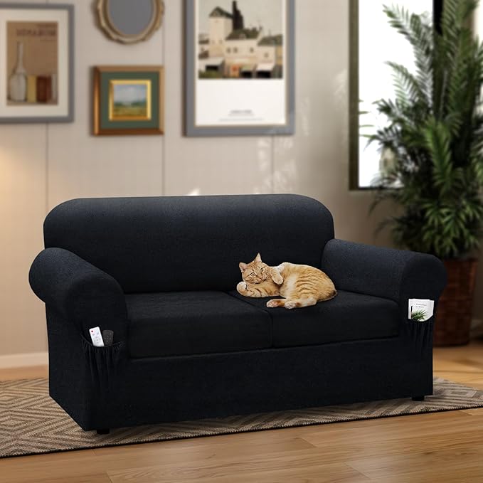 Loveseat Slipcover with Armrest Pockets 3-Piece Set, Stretch Faux Leather Love Seat Covers for 2-Cushion Couches(Fits 58-66") - Non-Slip, Machine Washable, Pet & Kid Friendly - Dark Gray