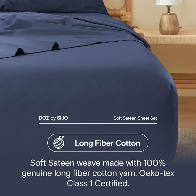 DOZ 100% Long Staple Cotton Duvet Cover Set, Soft Sateen Weave, Smooth, Breathable, Hotel Comfort, 106"x90", 8 Loops, 3pc – 2 Pillowcases 1 Duvet Cover (Sapphire, King/Cal King)