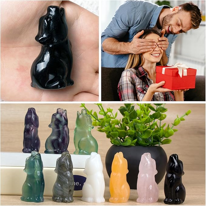Obsidian Howling Wolf Crystal Figurines, 2.2 Inch Black Wolf Totem Spirit Animal Statue Decor for Home Office Desk Altar, Hand Carved Natural Healing Crystal Sculpture Gifts for Women Men