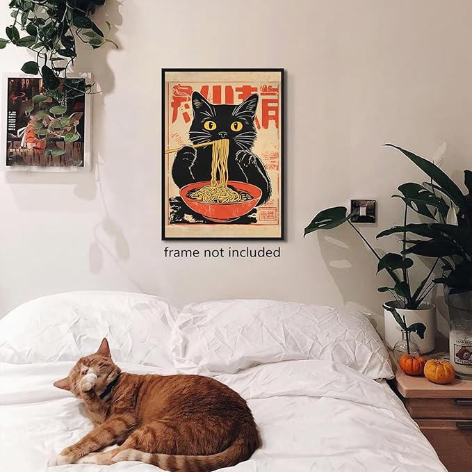 Eeuqiauot Japanese Cat Canvas Wall Art Cat Eating Ramen Poster Ramen Noodles Wall Art Vintage Black Cat Painting Cute Kittey Pictures Japanese Black Cat Prints for Kitchen Decor 16x24inch Unframed