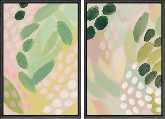 SIGNWIN Framed Canvas Print Wall Art Set Pastel Garden Rhythm Abstract Green and Pink Brushstroke Botanical Zen Bohemian for Living Room, Bedroom, Office - 24"x36"x2 BLACK