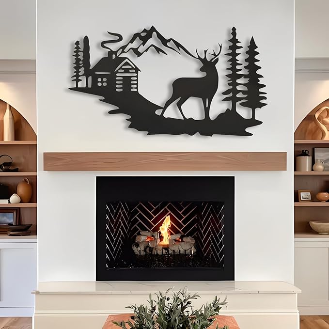 kuestboy Metal Wall Art Deer Forest Landscape, Mountain Cabin Scene Wildlife Design, Handcrafted Steel Wall Sculpture for Lodge, Cabin, Rustic Home Decor (30" X 17" | 76 X 42cm)