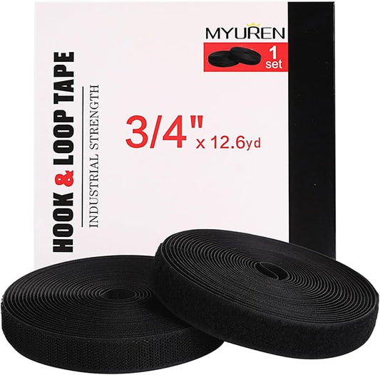 Sew on Hook and Loop Style 3/4 Inch Non-Adhesive Back Nylon Strips Fabric Fastener Non-Adhesive Interlocking Tape Black,12.6 Yard