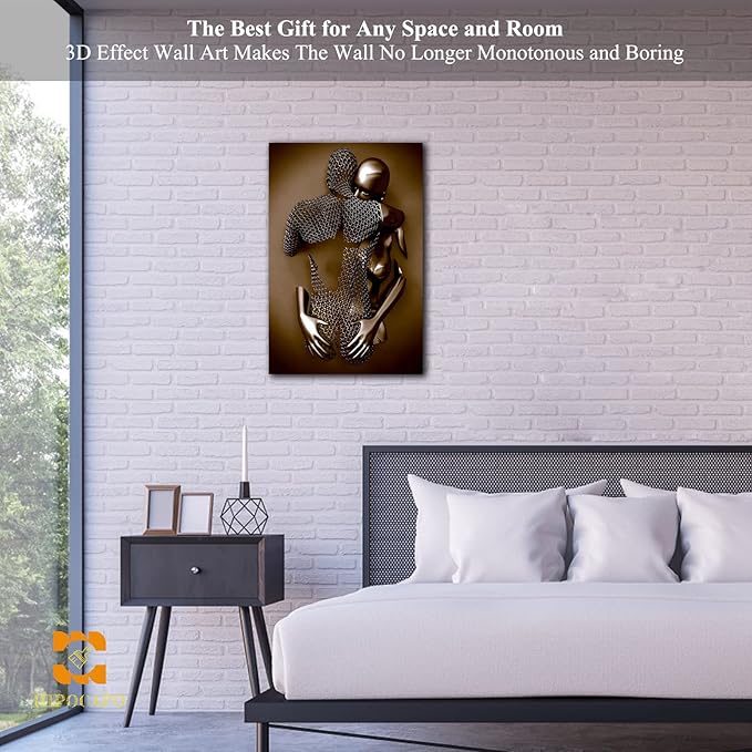 3D Metal Effect Wall Art - 3D Metal Art Wall, Modern Abstract Hug Lovers Painting Picture Poster Prints for Bathroom, Romantic Couple Living Room Canvas Wall Art Framed 12”x18”x1Pcs