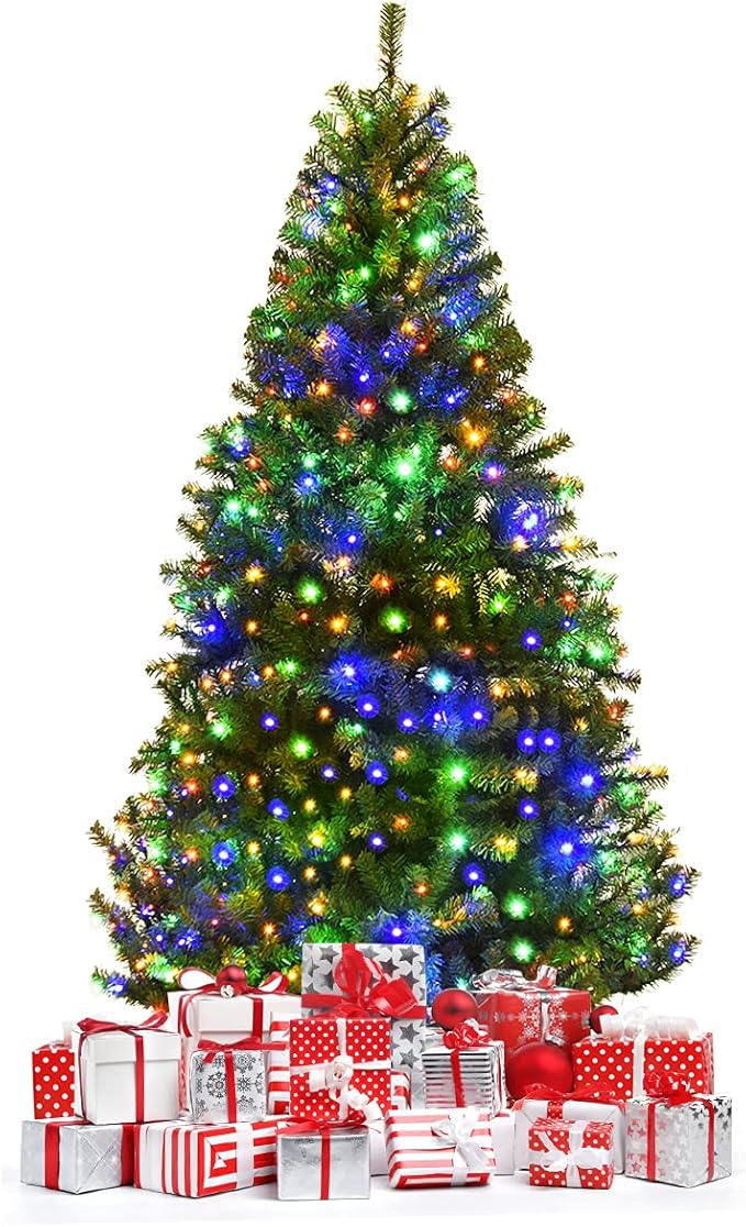 HAPPYGRILL 6 FT Pre-Lit Artificial Christmas Tree, Artificial Hinged Tree with 350 LED Lights, 1000 PVC Branch Tips and Foldable Base, Premium Spruce Tree with 11 Color Modes for Holiday Decor