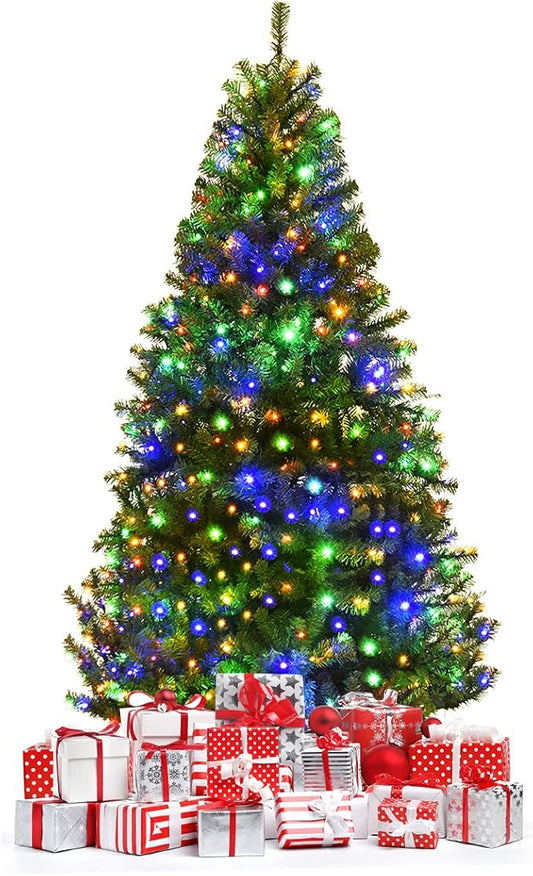 HAPPYGRILL 6 FT Pre-Lit Artificial Christmas Tree, Artificial Hinged Tree with 350 LED Lights, 1000 PVC Branch Tips and Foldable Base, Premium Spruce Tree with 11 Color Modes for Holiday Decor