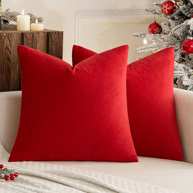 MIULEE Pack of 2 Christmas Bright Red Velvet Throw Pillow Covers 16x16 Inch Soft Solid Decorative Square Cushion Cases for Couch Sofa Bedroom